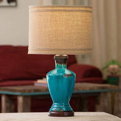 Turquoise Rustic Ceramic Table Lamp with Burlap Shade