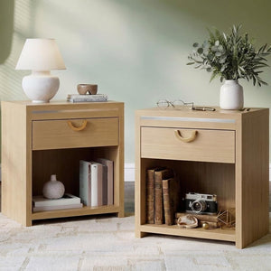 Nightstand Set of 2 with Drawer & Open Shelf, Natural Oak, 25" Tall