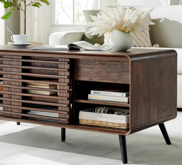 Lift Top Coffee Table with Hidden Storage & Slatted Door — Dark Walnut