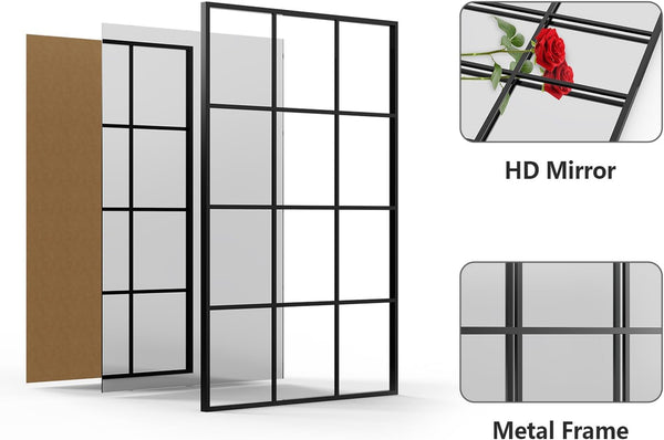 Large Arched Grid Wall Mirror – Matte Black Metal Frame