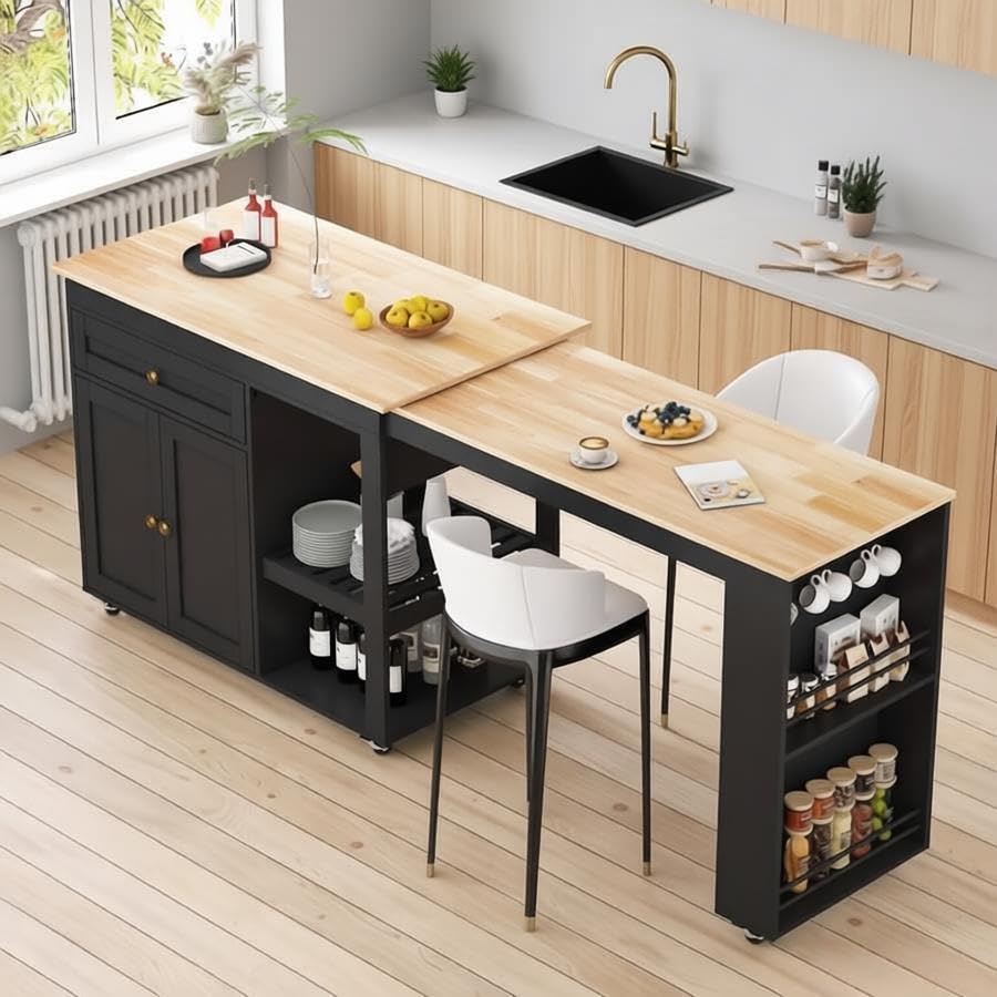 Extendable Rolling Kitchen Island with Dining Table