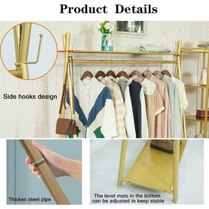 Clothes rack Gold, Freestanding Industrial Garment Rack with Double shelves Multi-functional Bedroom Hanging Clothing Rack,Heavy Duty Movable Coat Rack for Organizing Clothes and Shoes (59'' L)