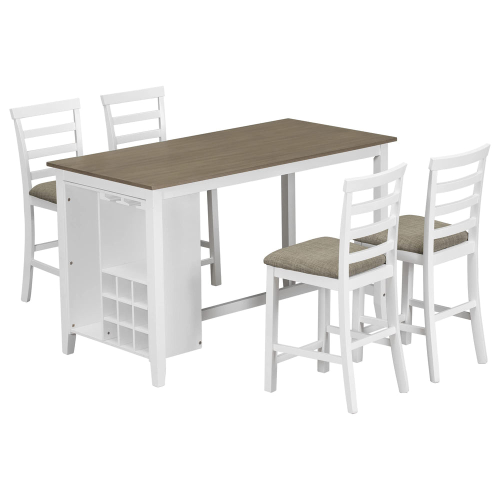 5-Piece Counter Height Dining Set with Wine Storage — Rubber Wood, Brown & White Wash