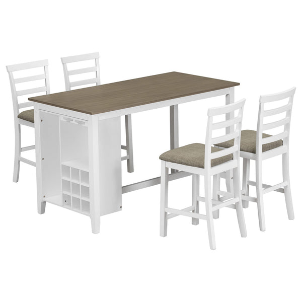 5-Piece Counter Height Dining Set with Wine Storage — Rubber Wood, Brown & White Wash