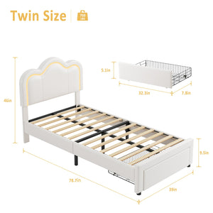 Twin Upholstered LED Bed Frame with Bear Headboard & Storage Drawer