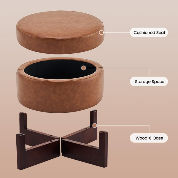 Round Storage Ottoman with Hidden Storage | PU Leather Footrest Stool