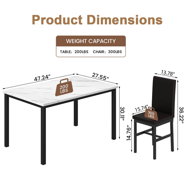 Dining Table Set for 4 with Faux Marble Top & Leather Chairs
