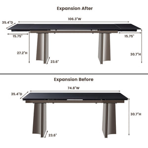 Extendable Dining Table for 8–12 Seats | Rock Plate & Tempered Glass Top | Stainless Steel Legs | Pure Black