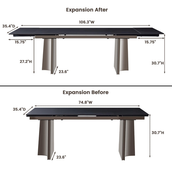 Extendable Dining Table for 8–12 Seats | Rock Plate & Tempered Glass Top | Stainless Steel Legs | Pure Black