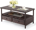 Outdoor Wicker Patio Coffee Table with Tempered Glass Top & Storage Shelf