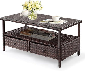 Outdoor Wicker Patio Coffee Table with Tempered Glass Top & Storage Shelf