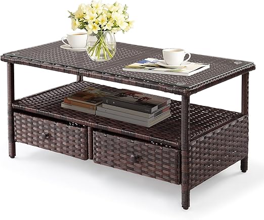 Outdoor Wicker Patio Coffee Table with Tempered Glass Top & Storage Shelf