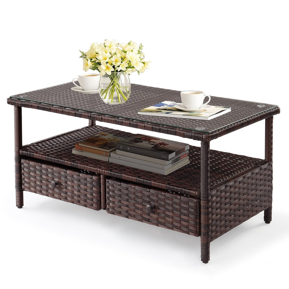 Outdoor Wicker Coffee Table with Drawers & Tempered Glass Top
