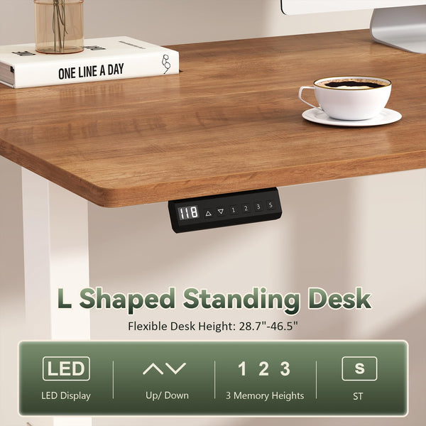 L-Shaped Electric Standing Desk with Drawers, Storage Shelves & Power Outlets, 66 Inch Corner Height Adjustable Computer Desk