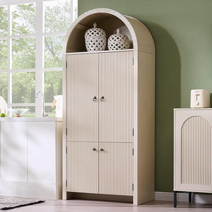 71" Tall Arched Kitchen Pantry Cabinet with Fluted Doors & Adjustable Shelves