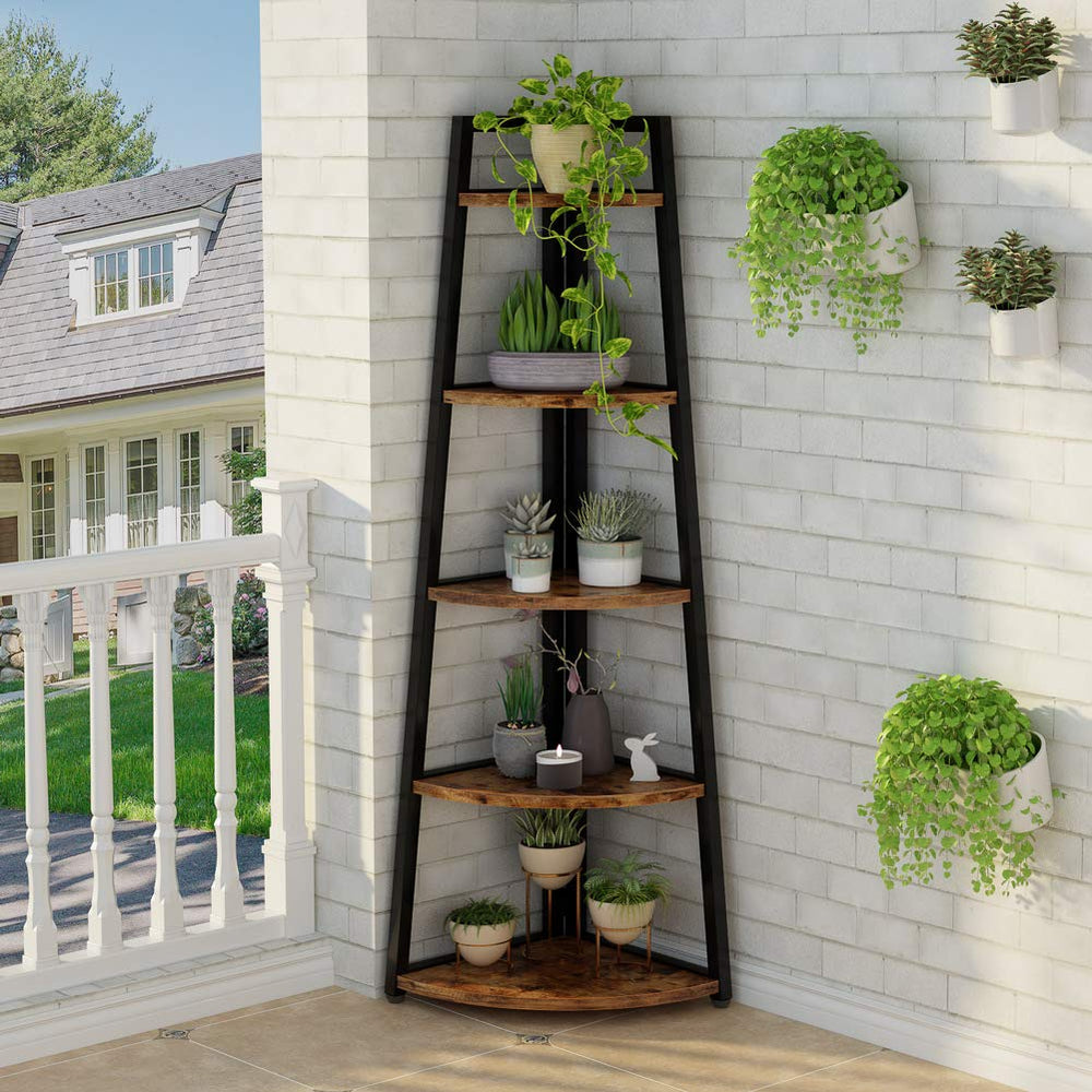 5-Tier Corner Shelf, 70-Inch Tall Industrial Bookcase & Plant Stand