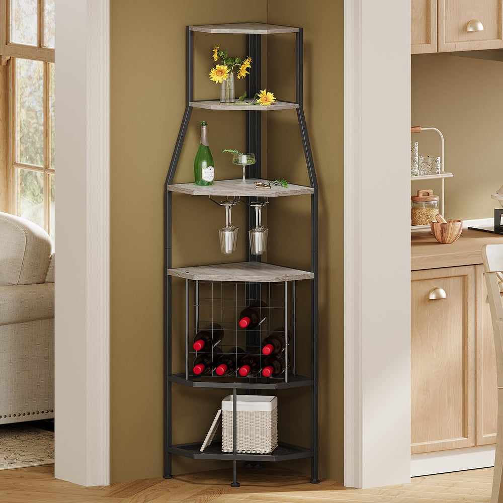 5-Tier Corner Wine Rack with Glass Holder – Floor Standing Wine Storage Shelf