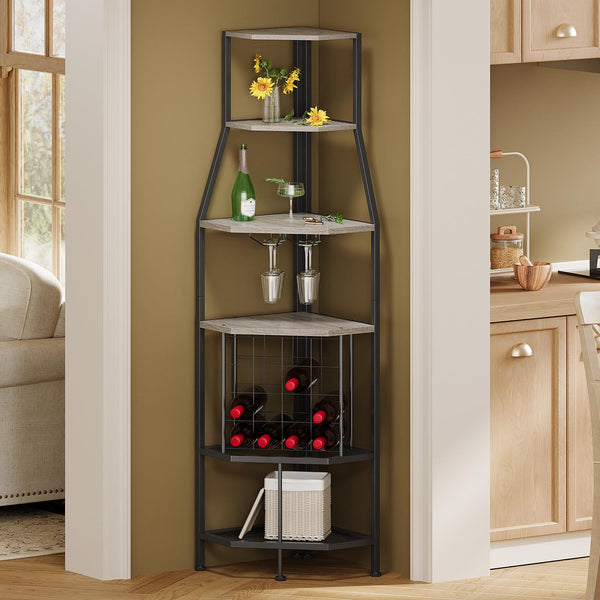 5-Tier Corner Wine Rack with Glass Holder – Floor Standing Wine Storage Shelf