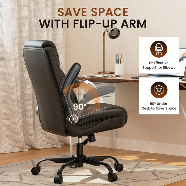 Ergonomic Leather Office Chair with Flip-Up Arms & Lumbar Support