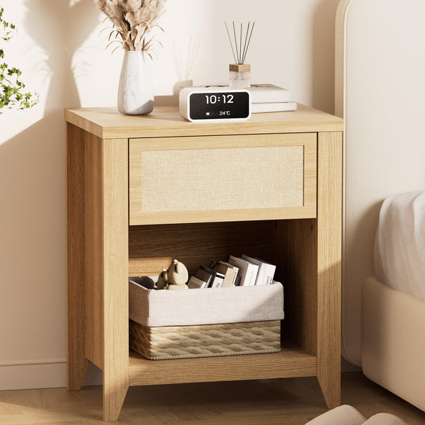 Boho Nightstands Set of 2 with Drawer and Storage Shelf
