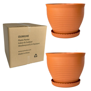 Large Round Plastic Planters with Drainage and Saucers – Set of 2