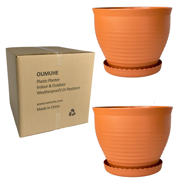 Large Round Plastic Planters with Drainage and Saucers – Set of 2
