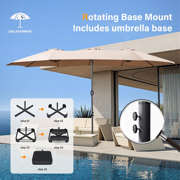 15ft Double-Sided Rectangular Patio Umbrella with Base & Stand