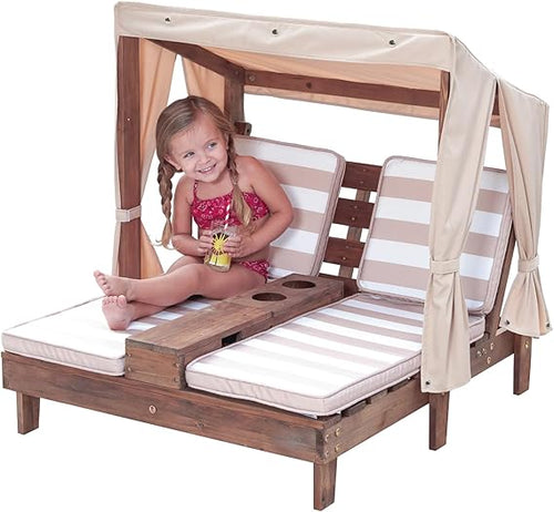 Kids Outdoor Double Chaise Lounge with Canopy & Cup Holders