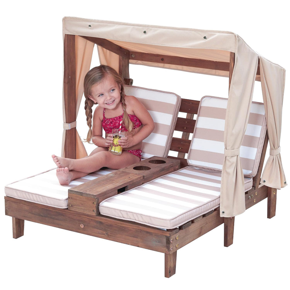 Kids Outdoor Double Chaise Lounge with Canopy & Cup Holders