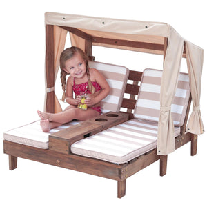 Kids Outdoor Double Chaise Lounge with Canopy & Cup Holders