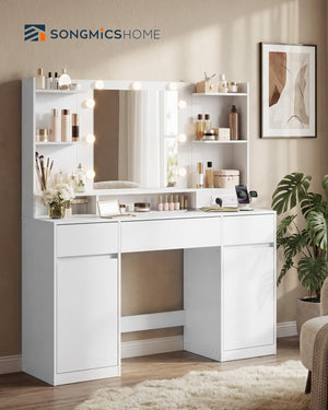 Vanity Desk with Mirror, Lights & Power Outlets