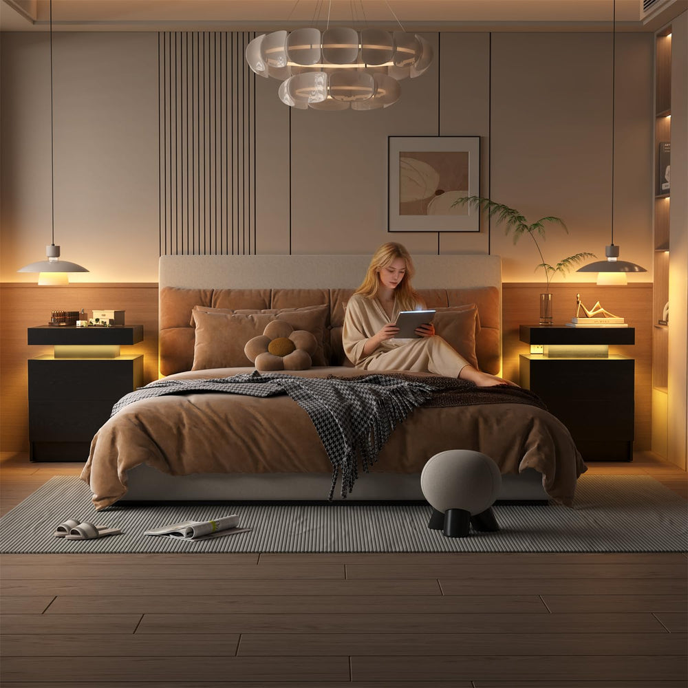 LED Nightstand Set of 2 with Drawers & Open Shelf