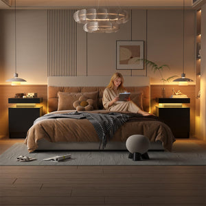 LED Nightstand Set of 2 with Drawers & Open Shelf