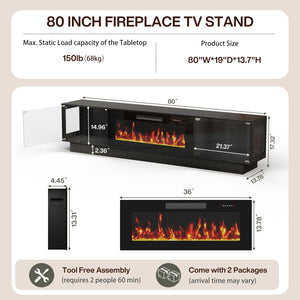 80" Fireplace TV Stand with RGB LED & Glass Doors