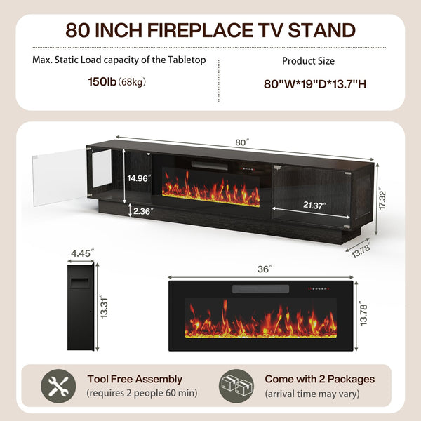 80" Fireplace TV Stand with RGB LED & Glass Doors