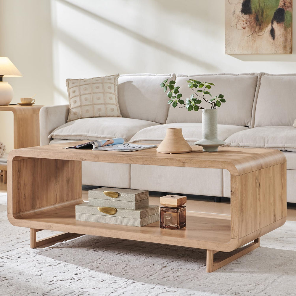 2-Tier Coffee Table with Storage Shelf | Curved Profile, Engineered Wood