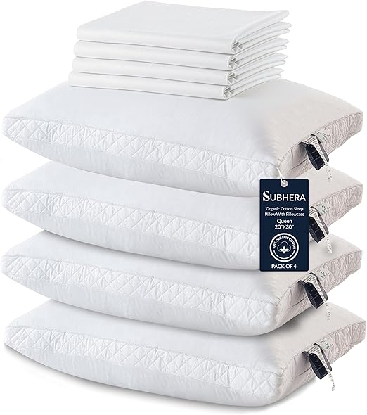 Organic Cotton Bed Pillows with Pillowcase – Down Alternative, Queen & King