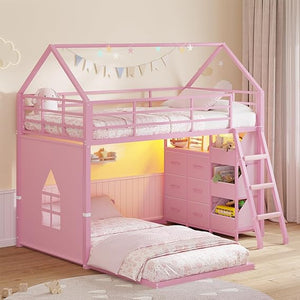 Twin Over Twin House Bunk Bed with LED Lights, Storage Drawers & Safety Guardrail