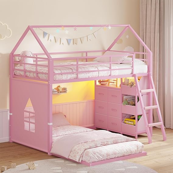 Twin Over Twin House Bunk Bed with LED Lights, Storage Drawers & Safety Guardrail