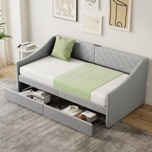 Twin Size Upholstered Daybed with Storage Drawers and Charging Station