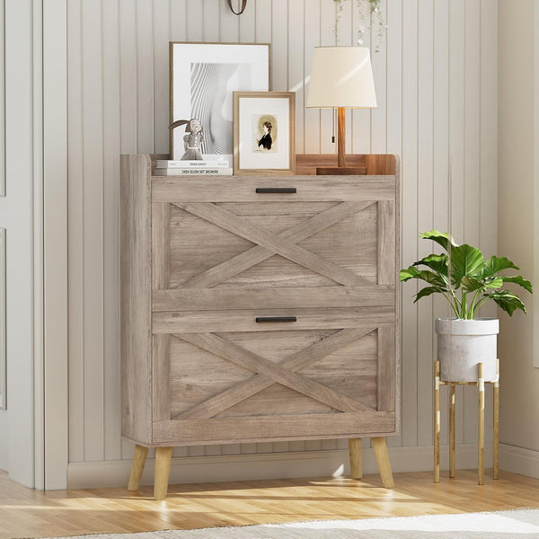 Farmhouse Shoe Storage Cabinet with 2 Flip Drawers – Slim Entryway Shoe Rack
