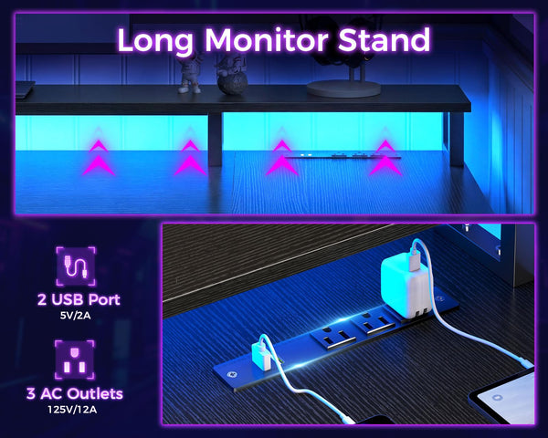 L-Shaped Gaming & Office Desk with Storage, LED Lighting & Power Outlet