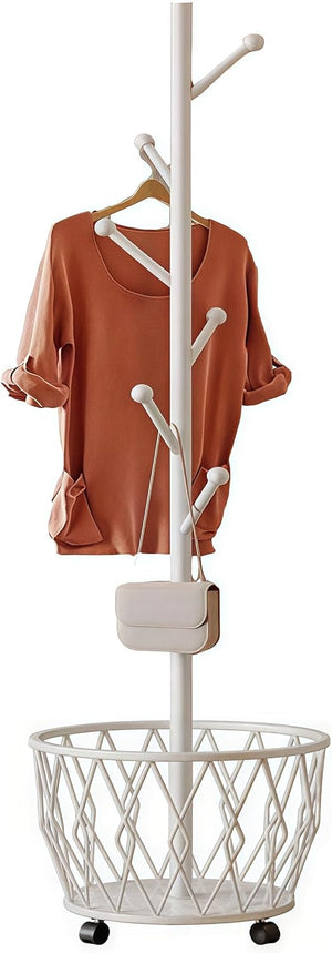 Freestanding Metal Coat Rack with Basket