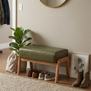 Ottoman Foot Stool with Faux Leather Cushion and Rubberwood Frame
