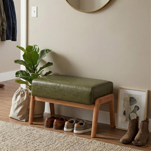 Ottoman Foot Stool with Faux Leather Cushion and Rubberwood Frame