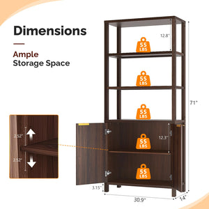 6-Tier Bookcase with Fluted Doors, 71" Wood Storage Cabinet