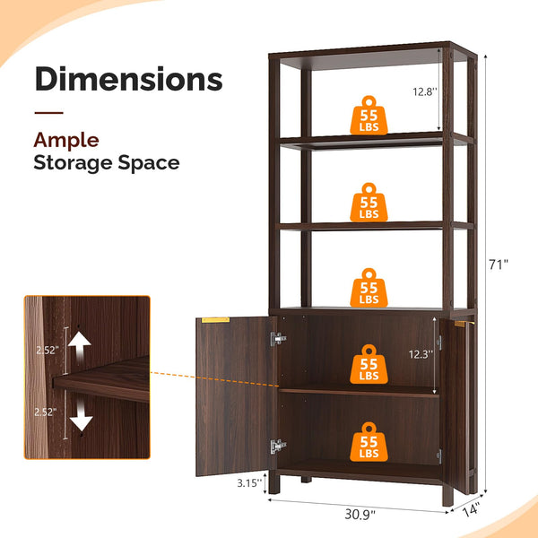 6-Tier Bookcase with Fluted Doors, 71" Wood Storage Cabinet
