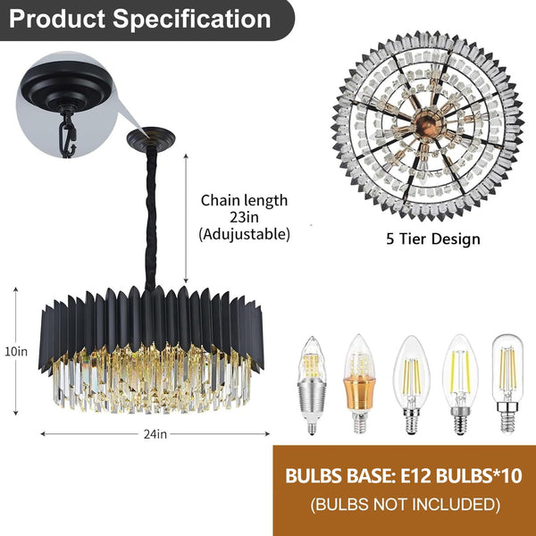 Black Crystal Chandelier 24 Inch – 5-Tier Modern Ceiling Light