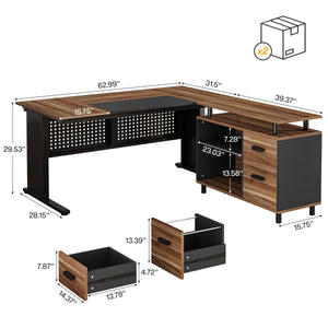 L-Shaped Executive Desk with File Cabinet and Storage Shelves