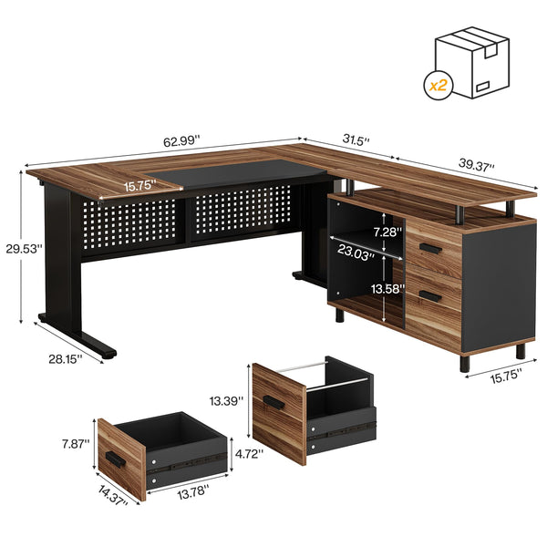 L-Shaped Executive Desk with File Cabinet and Storage Shelves